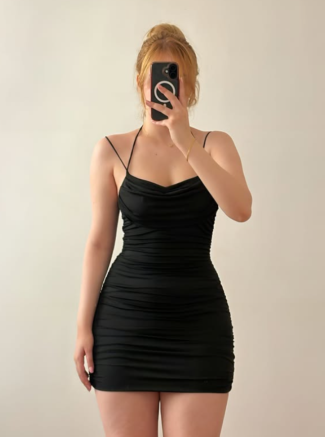 Hot Sheath Spaghetti Strap Pleated Black Satin Short Prom Dress Homecoming Dress SH6899