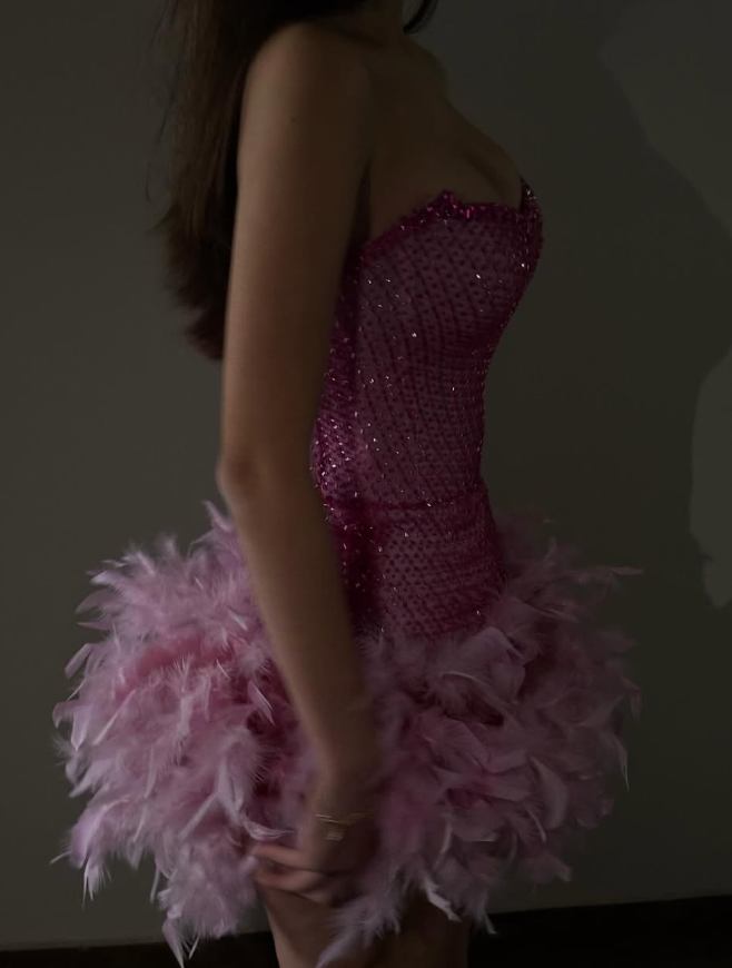 Sexy Pink Strapless Beaded Tulle Feather Short Prom Dress SH4568