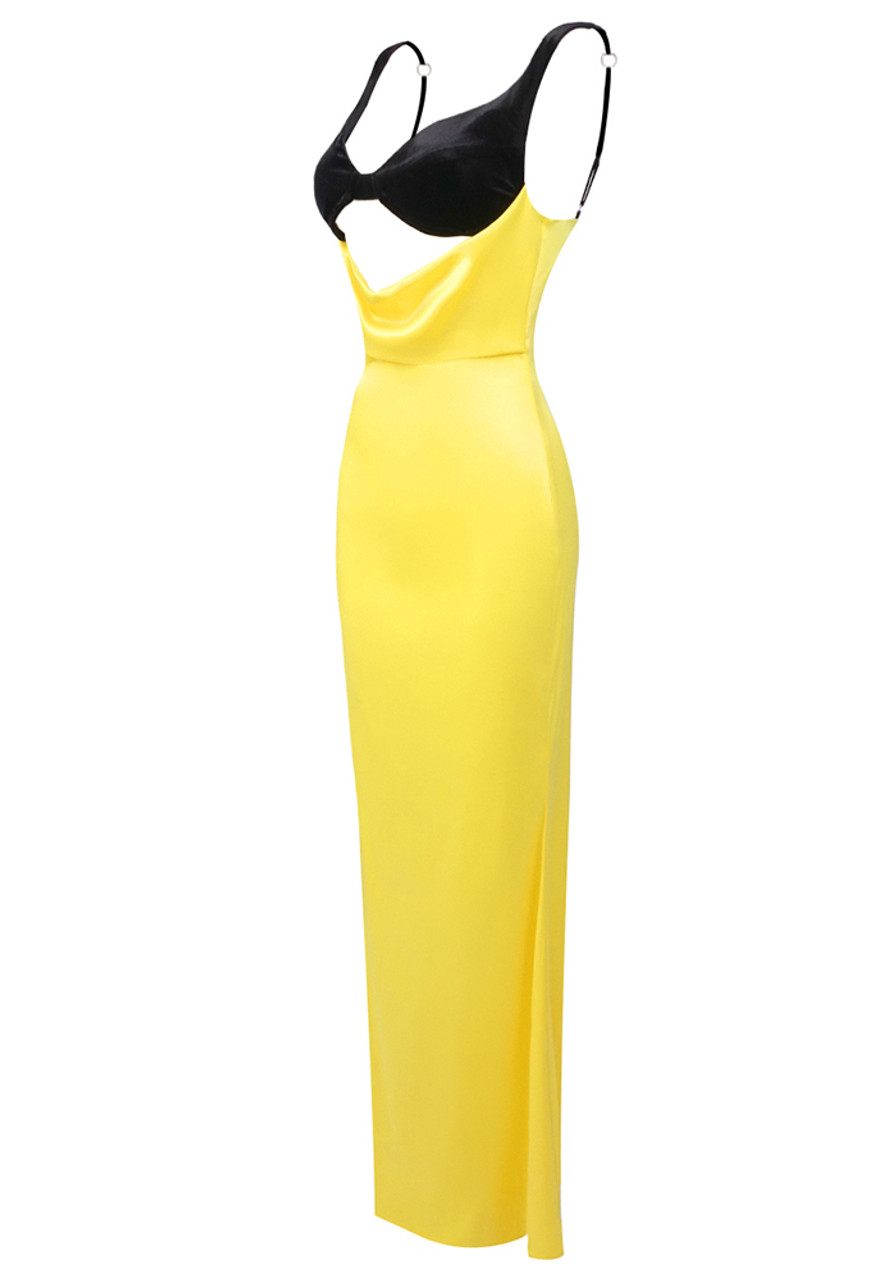 Unique Sheath Straps Yellow Black Satin Long Prom Dress Evening Dress SH3828