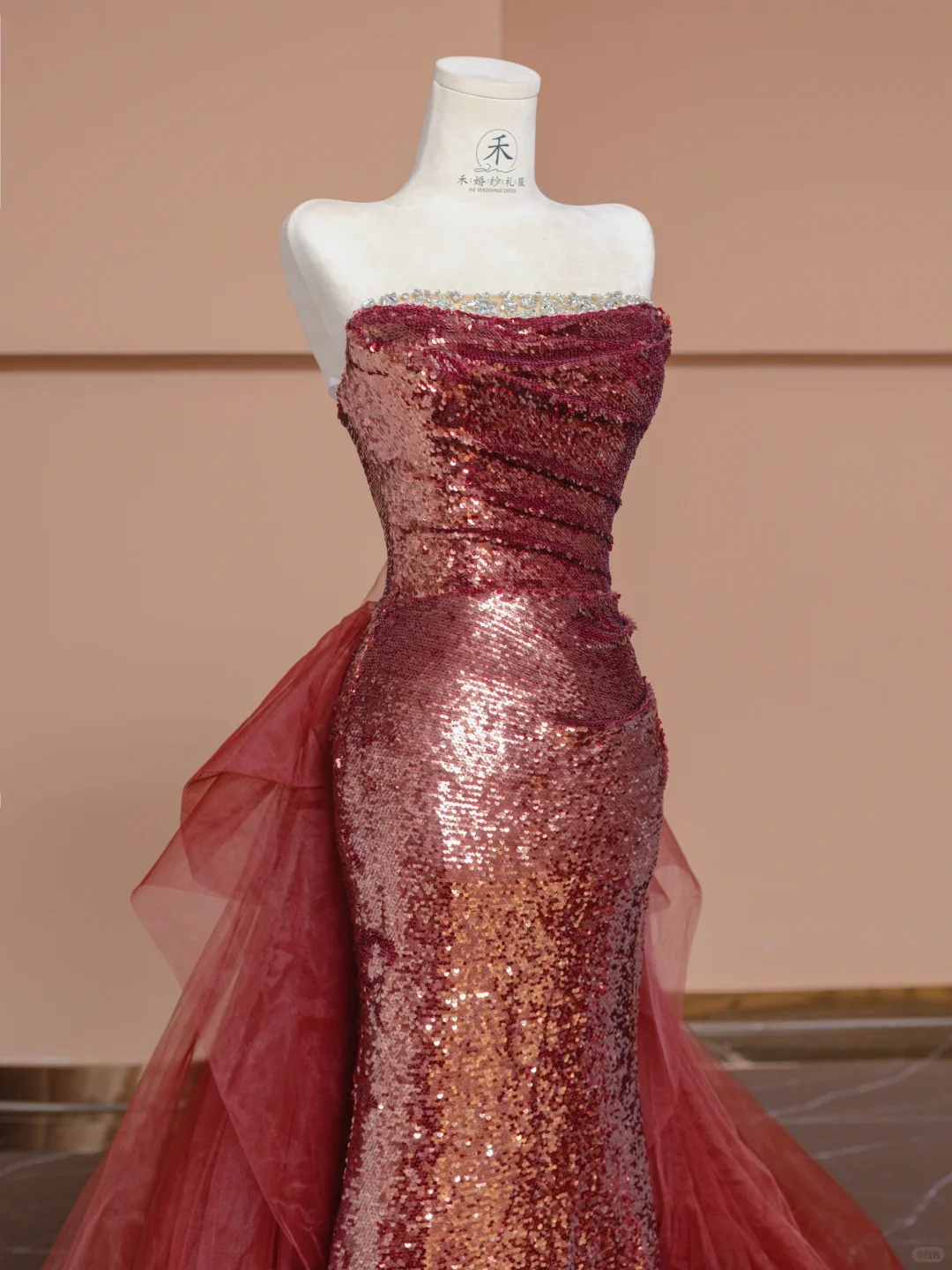 Shiny Mermaid Strapless Red Sequin Tulle Long Prom Dress Party Dress SH4366