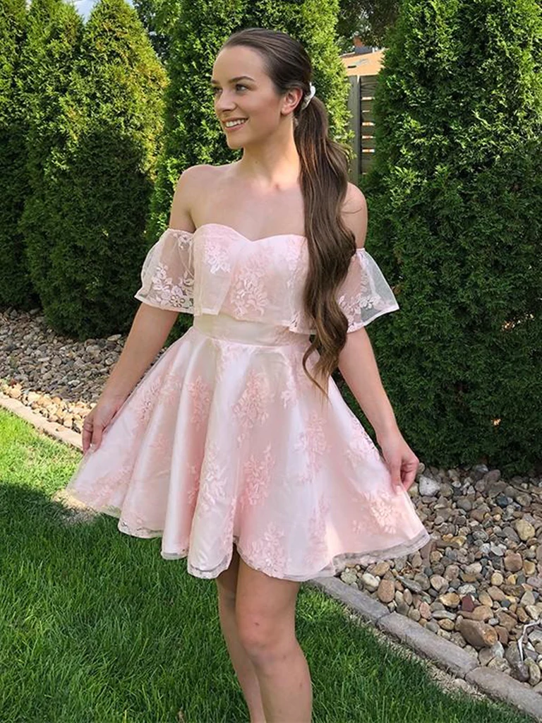 Off Shoulder Short Pink Lace Graduation Homecoming Dresses ,Prom Dress
