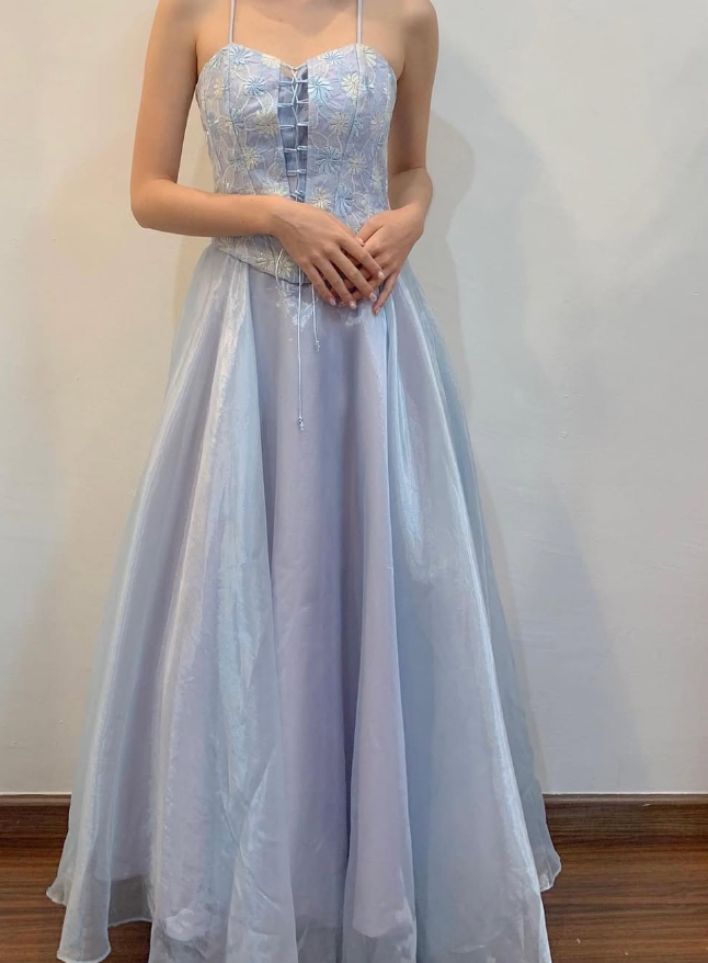 Blue A Line Spaghetti Strap Embroidered Tulle Satin Prom Dress Evening Dress SH2042