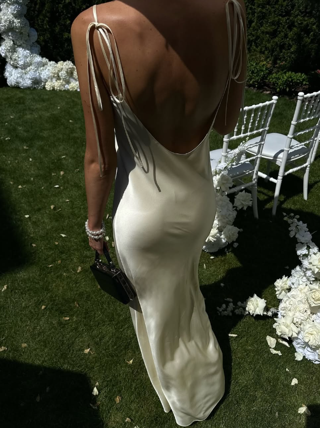 Simple White A Line Spaghetti Strap Satin Open Back Prom Dress Wedding Guest Dress SH4446