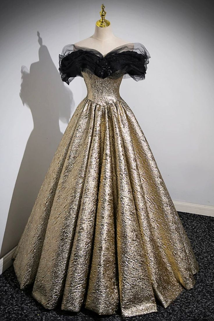 Glitter Gold Prom Dress Ball Gown Off the Shoulder Evening Dress SH1326