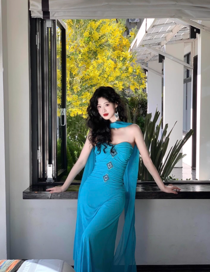 Blue Mermaid Strapless Beaded Chiffon Prom Dress Vacation Dress SH4383