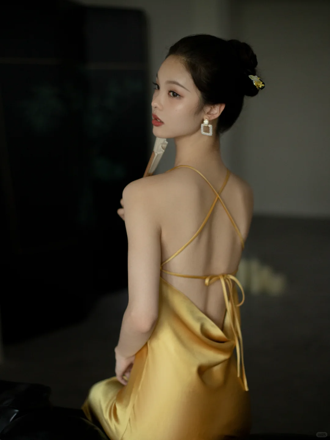 Simple Yellow A Line Spaghetti Strap Satin Open Back Prom Dress Evening Dress SH4210