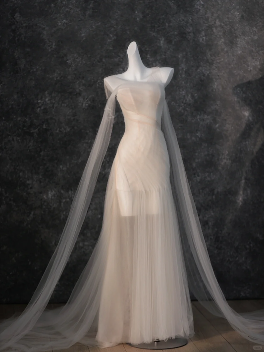 Dreamy Flowy Pleated Dark Ivory Tulle Long Date Dress Evening Dress Prom Dress SH3444