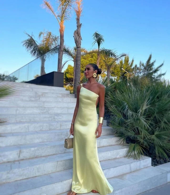 Simple Sheath One Shoulder Yellow Satin Open Back Long Prom Dress Graduation Prom Dress SH2603