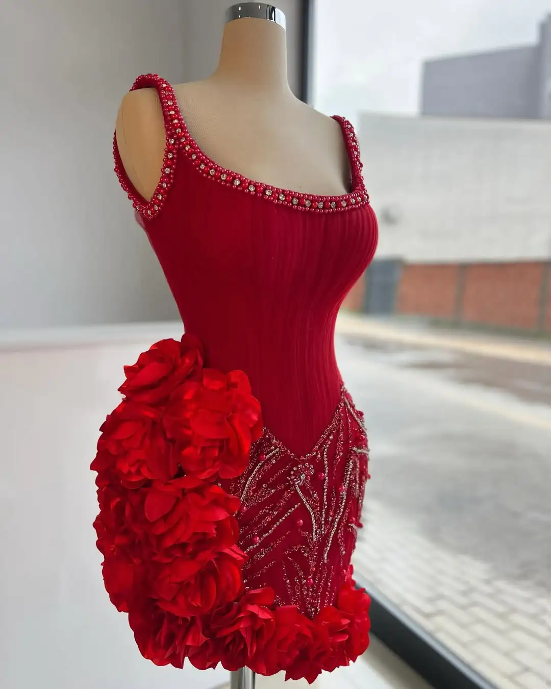 Stunning Sheath Straps Beaded Red Satin Tulle Short Homecoming Dress Cocktail Dress SH3195