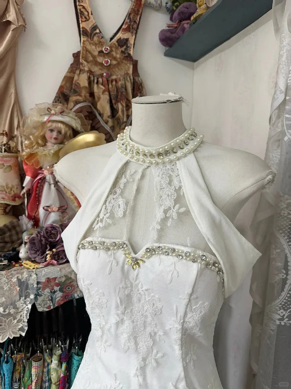 Vintage White A Line Halter Pearl Beaded Lace Homecoming Dress Cocktail Dress SH3711