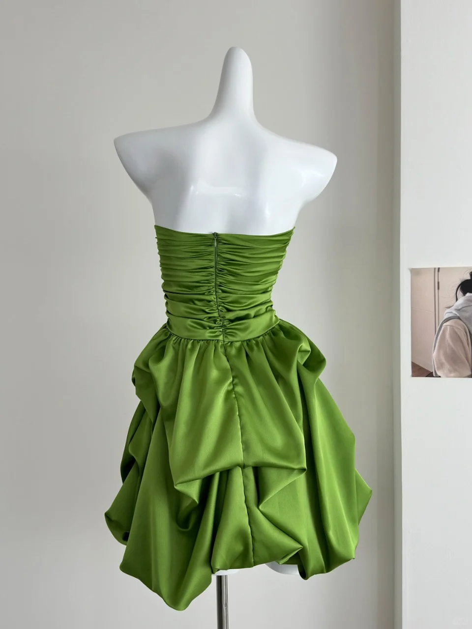 Simple A Line Strapless Pleated Green Satin Short Homecoming Dress Cocktail Dress SH3089