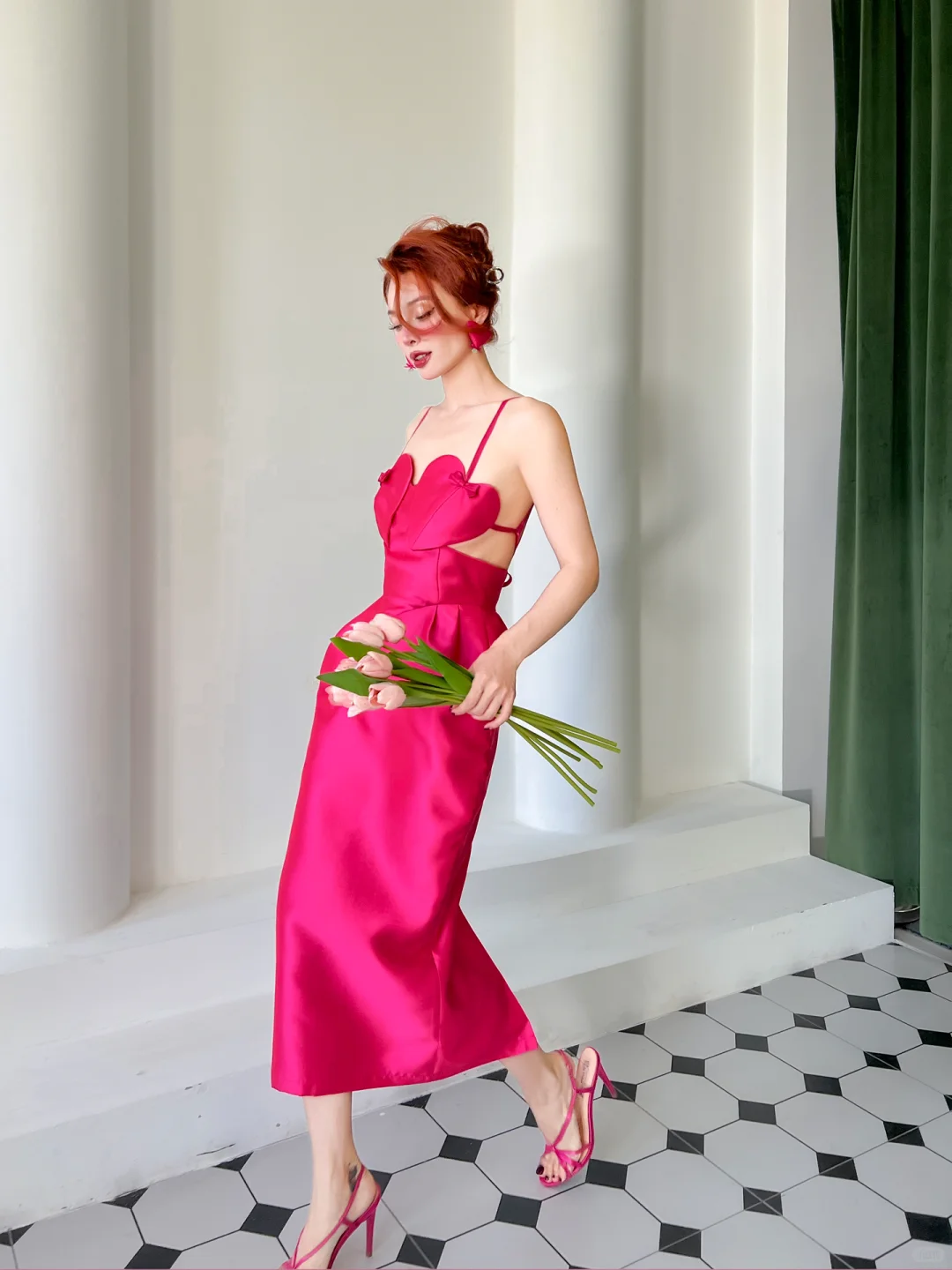 Hot Pink Sheath Spaghetti Strap Satin Prom Dress Evening Dress Open Back SH4250