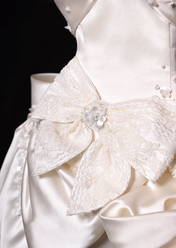 Bow Ivory A Line Sweetheart Neck Lace Satin Mini Homecoming Dress Cocktail Dress SH3314