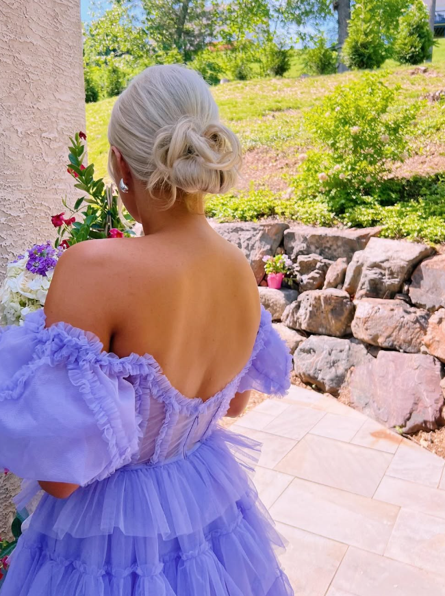 Stunning A Line Off the Shoulder Corset Tiered Purple Tulle Prom Dress Evening Dress SH2319