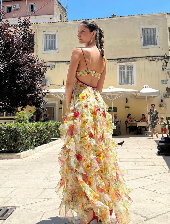 Stunning Print Floral A Line Straps Ruffle Chiffon Prom Dress Party Dress SH4019