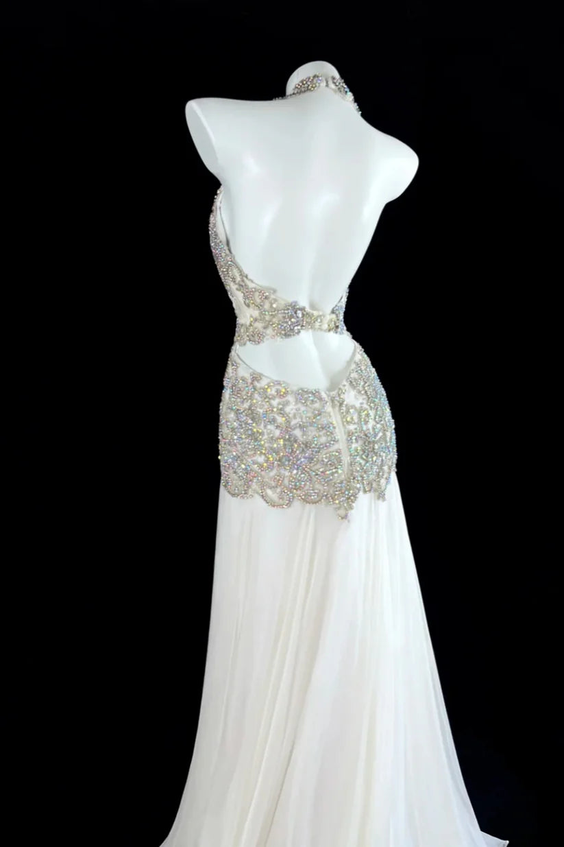 Vintage Elegant A Line Halter Beaded White Chiffon Prom Dress SH5142