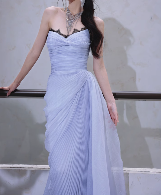 Elegant A Line Sweetheart Neck Black Lace Purple Chiffon Long Evening Dress Gown Dress SH3584