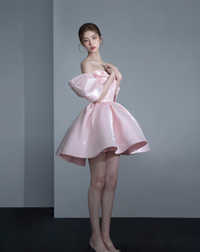 Stunning A Line Off the Shoulder Pink Satin Short Homecoming Dress Birthday Dress SH4156