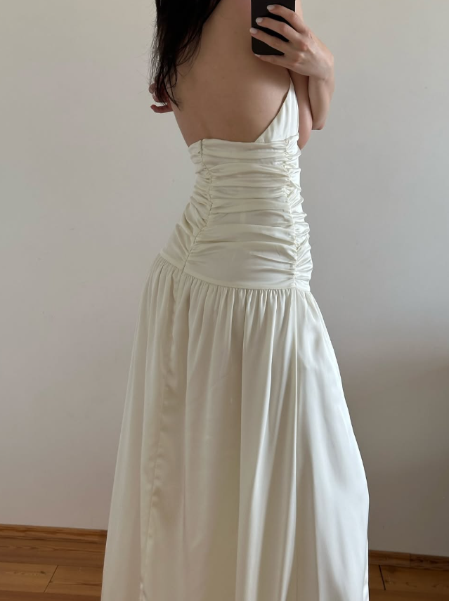 Simple Ivory A Line Halter Pleated Satin Slit Open Back Evening Dress Party Dress SH3957