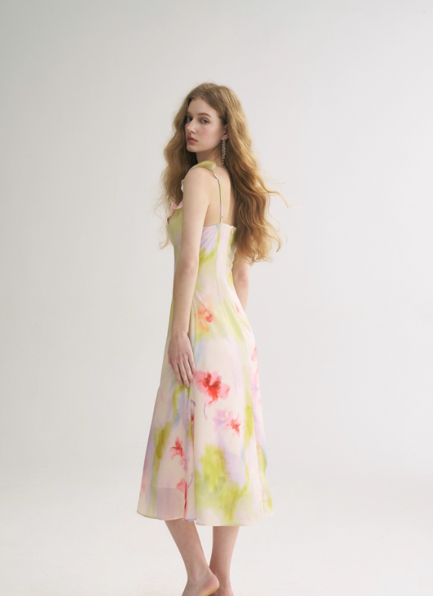 Dreamy A Line V Neck Print Floral Chiffon Summer Dress Party Dress Outfits SH4173