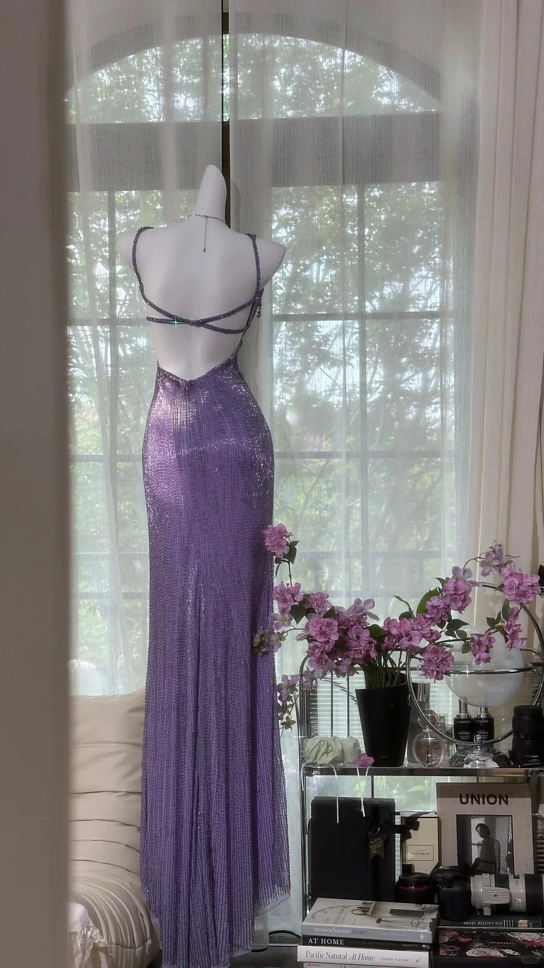 Stunning Sheath Spaghetti Strap Beaded Purple Chiffon Long Prom Dress Evening Dress with Slit SH2967