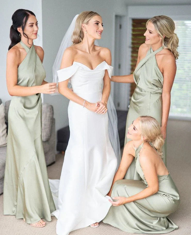 Charming Sheath Hatler Satin Sage Long Bridesmaid Dresses SH6295
