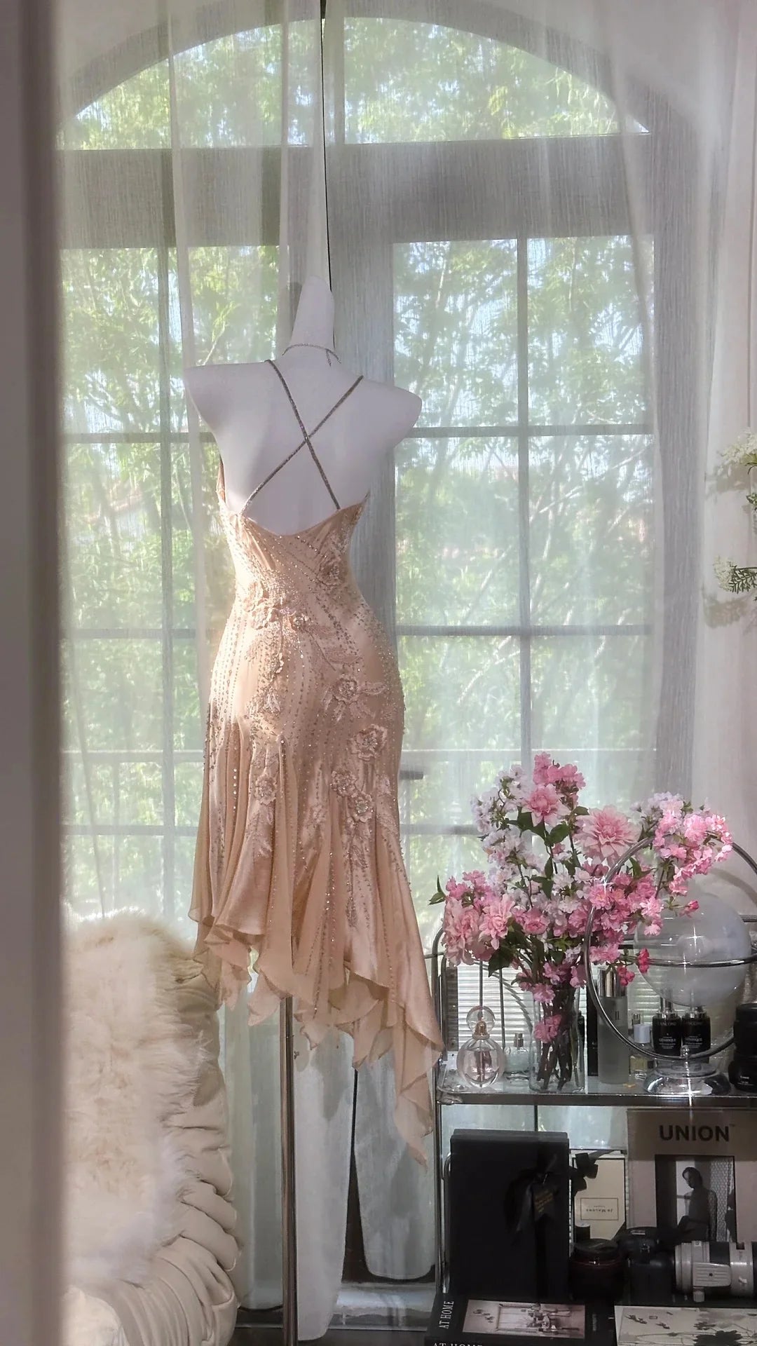 Vintage Mermaid Spaghetti Strap Beaded Ruffle Satin Chiffon Short Homecoming Dress SH2966
