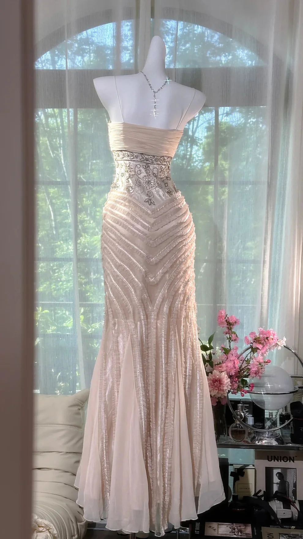 Light Apricot Mermaid Spaghetti Strap Beaded Chiffon Prom Dress Wedding Guest Dress SH4327