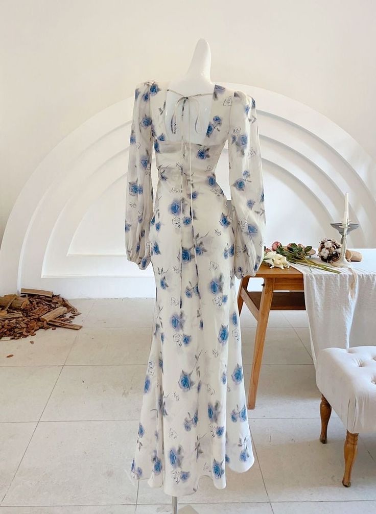 Elegant Mermaid Long Sleeve Blue Floral Chiffon Prom Dress Party Dress Outfits SH4075