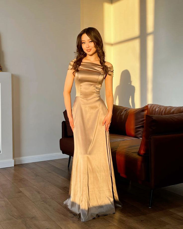Pretty Brown Mermaid Off the Shoulder Satin Prom Dress Evening Dress Date Dress SH3981