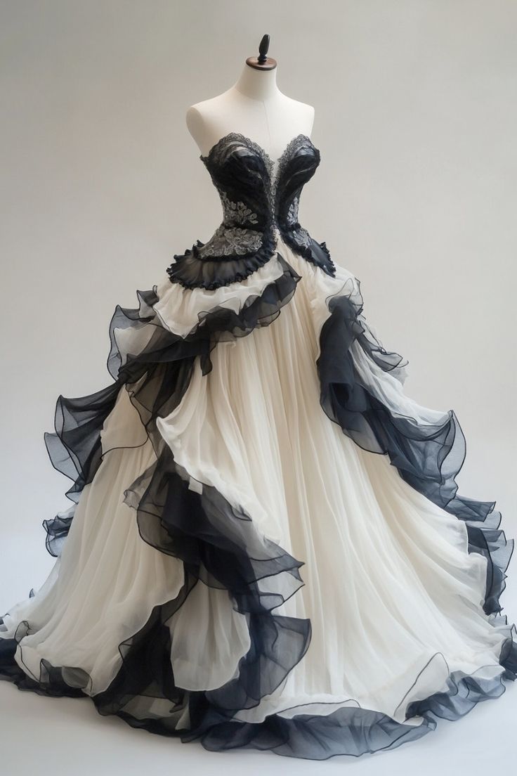 Classy A Line Sweetheart Neck Black White Chiffon Ruffle Chiffon Prom Dress Evening Dress SH2406