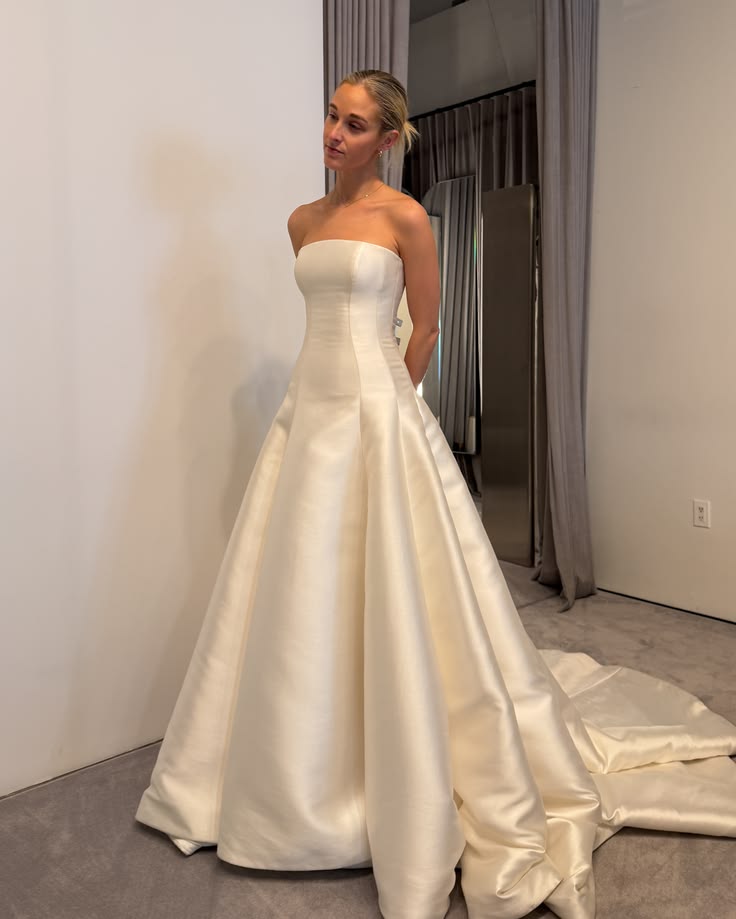 Simple A Line Strapless White Satin Long Train Wedding Dress SH8525