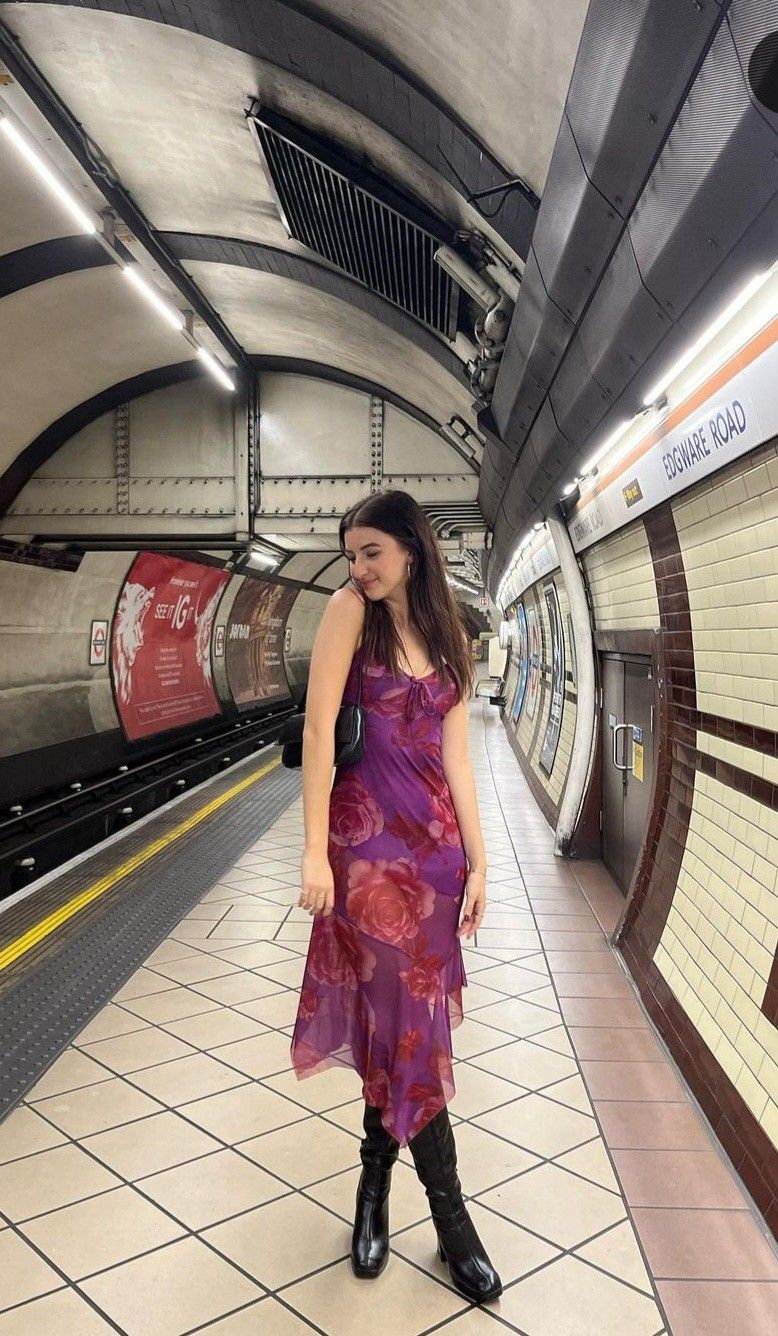 Pretty Purple A Line Straps Print Floral Chiffon Party Dress Date Dress Outfits SH3966