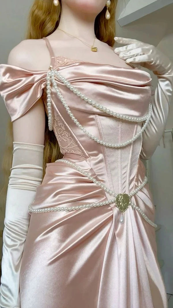 Stunning Sheath Off the Shoulder Pearl Pink Lace Satin Prom Dress Wedding Guest Dress SH4221