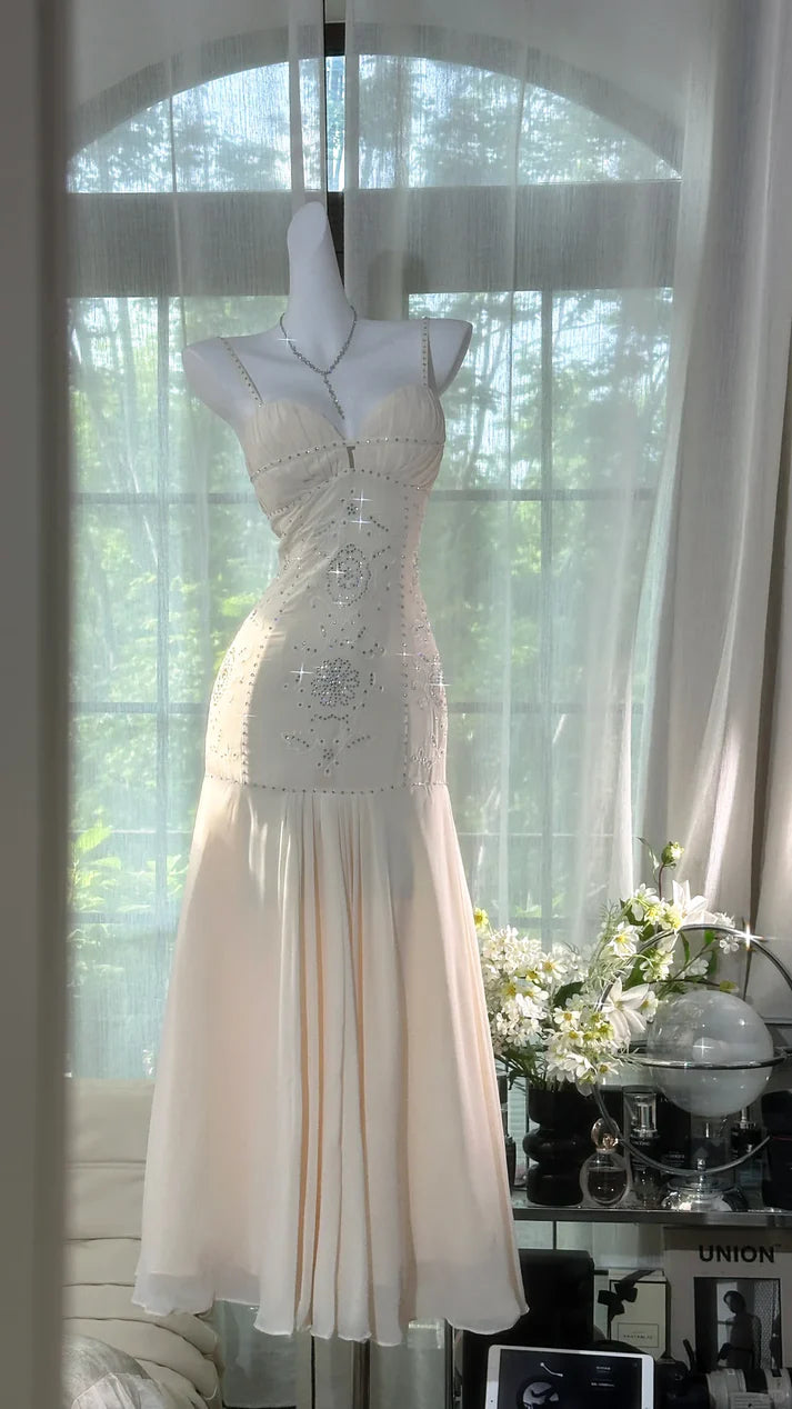 Ivory Mermaid Spaghetti Straps Rhinestone Chiffon Prom Dress Formal Dress Party Dress SH4023
