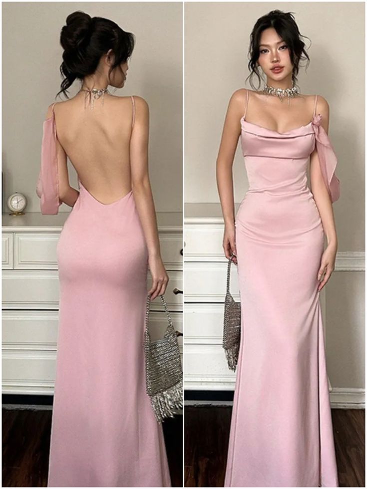 Gentle Mermaid Spaghetti Straps Pink Satin Prom Dress Party Dress Date Dress SH3965