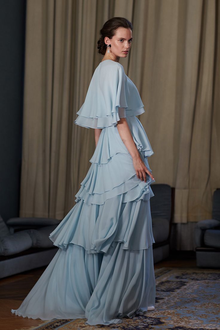 Gentle Baby Blue A Line Strapless Layered Chiffon Prom Dress Evening Dress with Cape SH3651