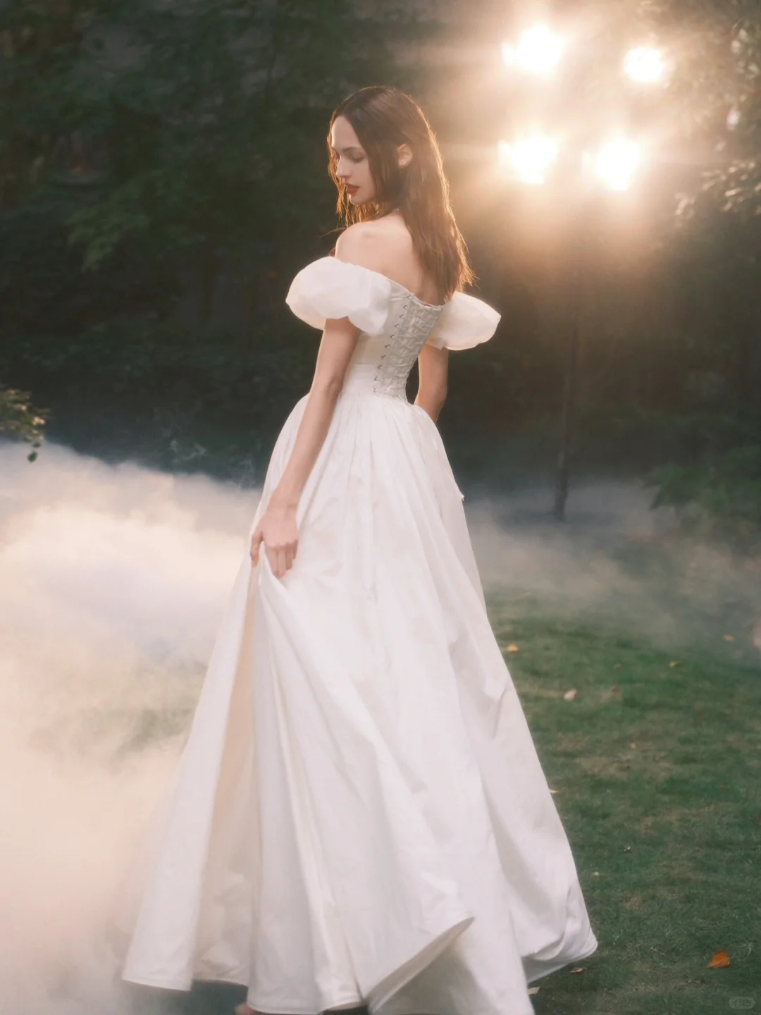 Princess A Line Puff White Appliques Satin Long Prom Dress Evening Dress SH3318