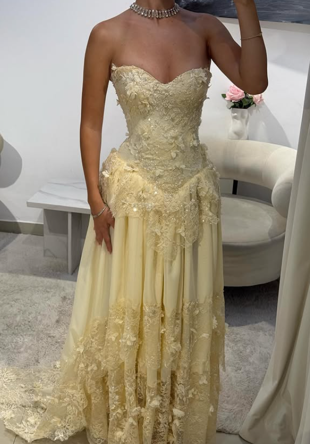 Yellow A Line Sweetheart Neck Appliques Lace Chiffon Prom Dress Wedding Guest Dress SH4440