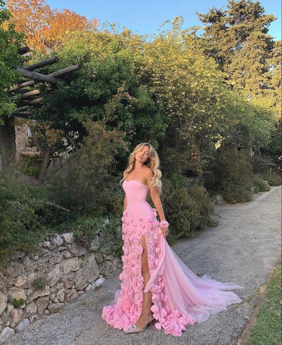 pink dress slit A Line V Neck Pink Long Prom Dress with Leg Slit, Pink Long Formal Gra jbydress