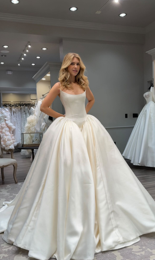 Classy Ball Gown Spaghetti Strap White Satin Long Wedding Dress SH8375