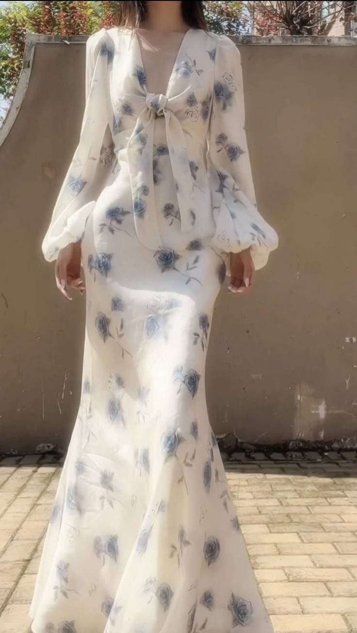 Elegant Mermaid Long Sleeve Blue Floral Chiffon Prom Dress Party Dress Outfits SH4075