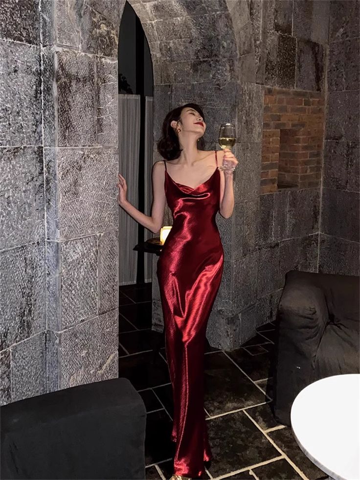 Simple Burgundy Sheath Spaghetti Strap Satin Party Dress Evening Dress –  shinydress