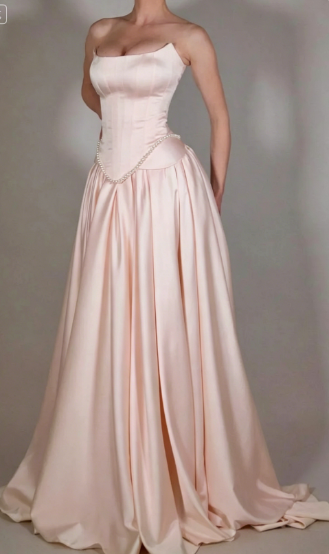 Exquisite Satin Ivory Sleeveless Strapless Long Pleated Prom Dress with Beadings SH5463