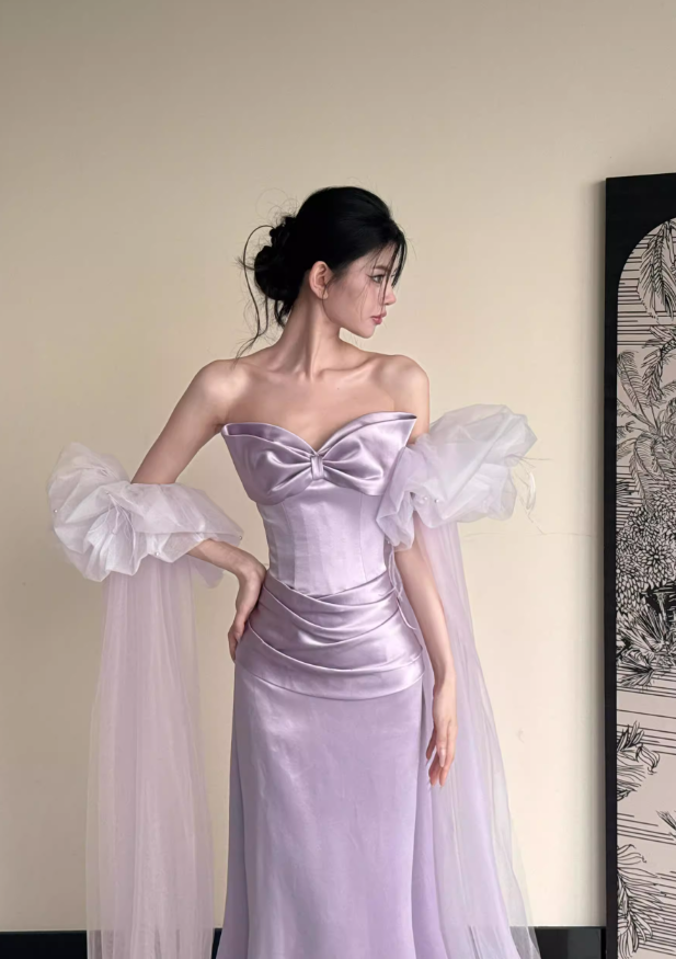 Romantic Purple Mermaid Bow Satin Tulle Long Prom Dress Formal Dress SH3666