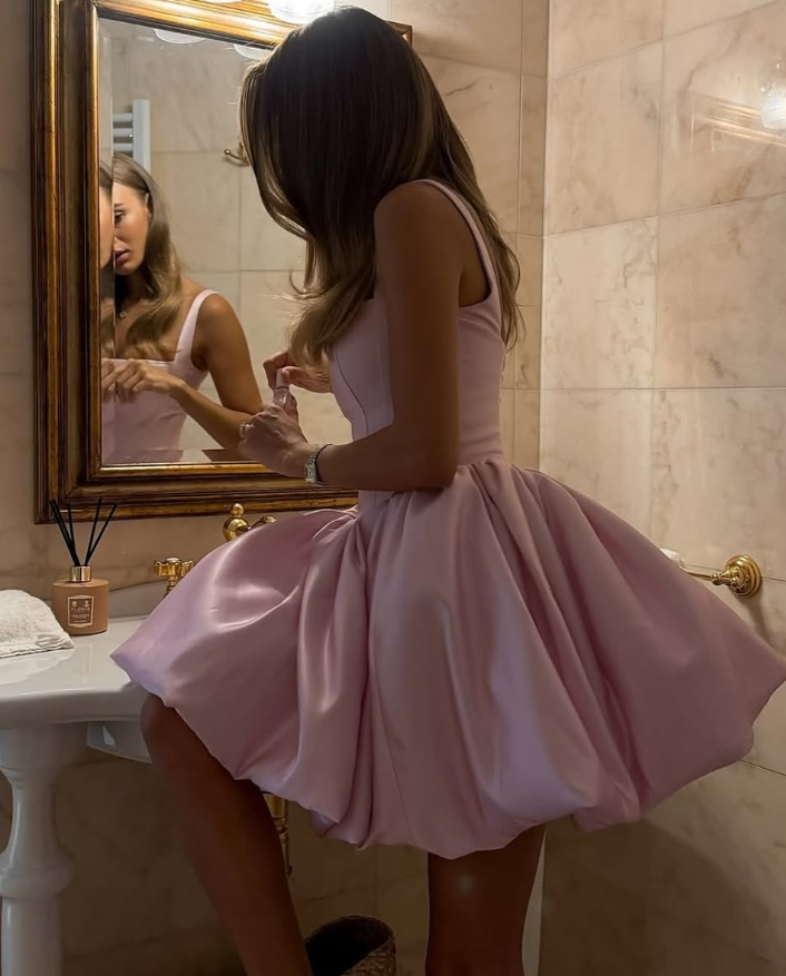 Simple A Line Spaghetti Strap Pink Satin Short Homecoming Dress Cocktail Dress SH3172