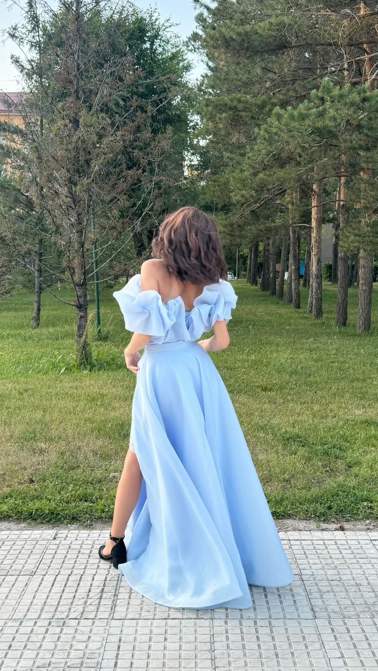 Princess Blue A Line Off the Shoulder Organza Prom Dress 16th Birthday Dress Date Dress with Slit SH3991
