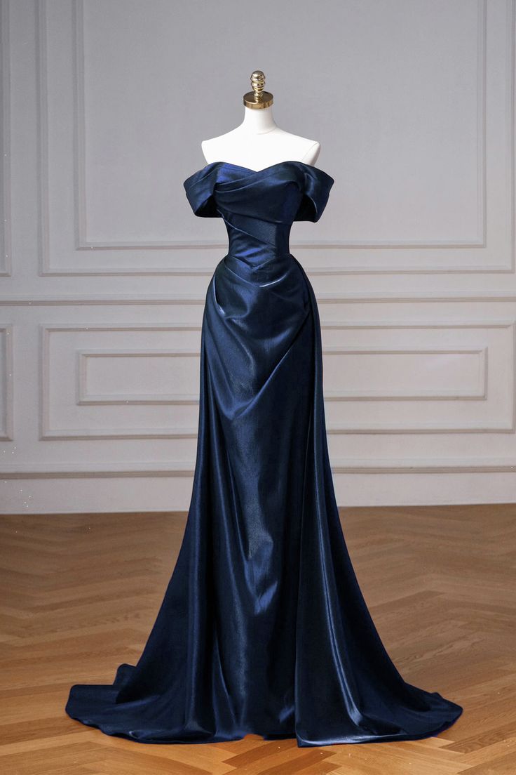 Elegant A Line Off the Shoulder Navy Blue Satin Long Wedding Guest Dress Evening Dress SH2917