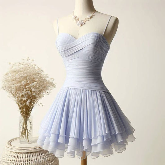 Baby Blue Simple A Line Spaghetti Strap Layered Pleated Chiffon Homecoming Dress Party Dress SH3423
