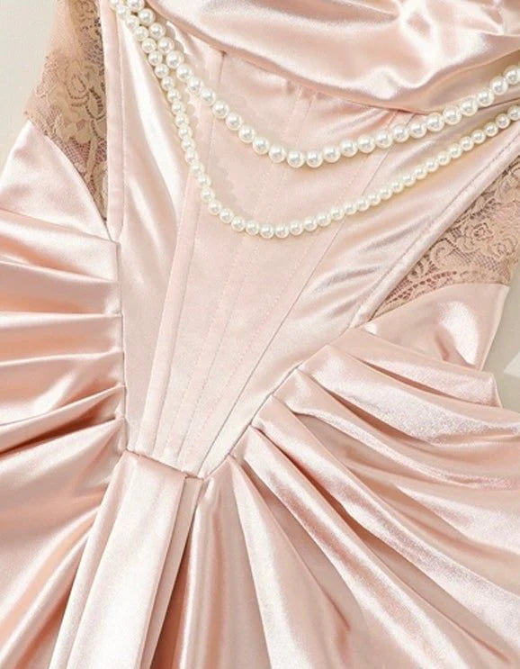 Stunning Sheath Off the Shoulder Pearl Pink Lace Satin Prom Dress Wedding Guest Dress SH4221